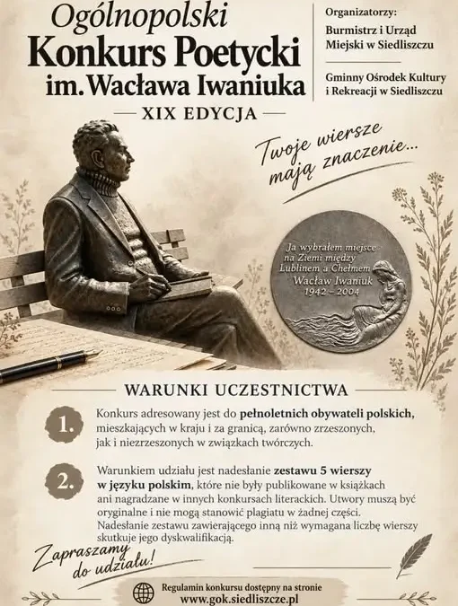 Ogólnopolski Konkurs Poetycki im. Wacława Iwaniuka – XIX edycja. Trwają zgłoszenia