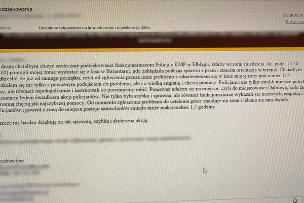 Mąż zaginionej kobiety dziękuje policji z Elbląga za szybką akcję w Bażantarni