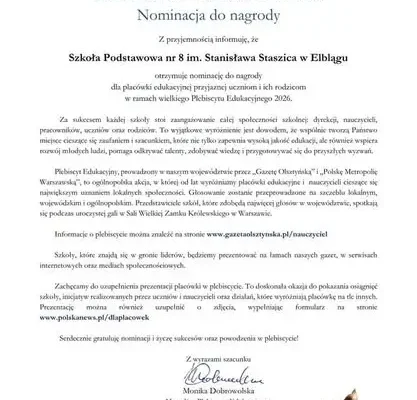 Szkoła Podstawowa nr 8 w Elblągu zgłoszona do Plebiscytu Edukacyjnego 2026