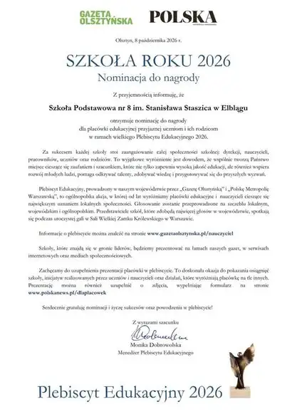 Szkoła Podstawowa nr 8 w Elblągu zgłoszona do Plebiscytu Edukacyjnego 2026