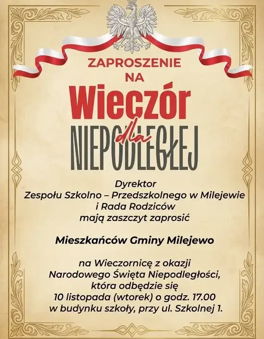 Wieczornica niepodległościowa w Milejewie – 10 listopada w szkole