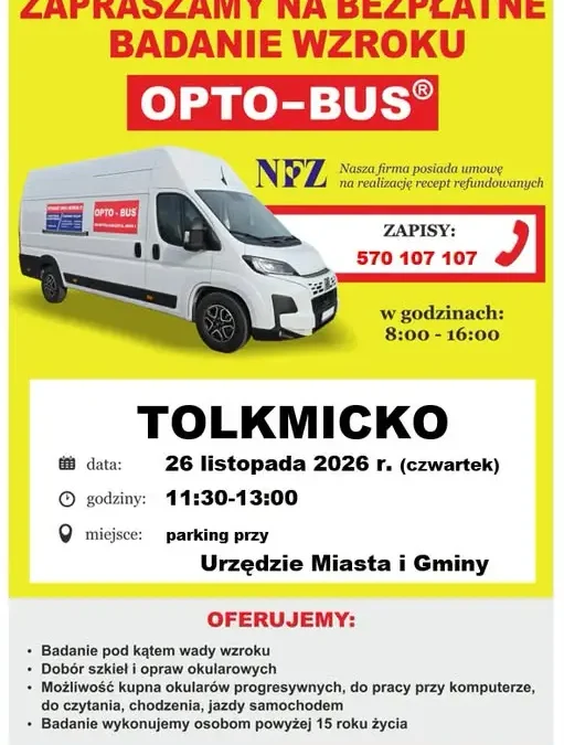 Bezpłatne badanie wzroku w Tolkmicku – optobus odwiedzi gminę